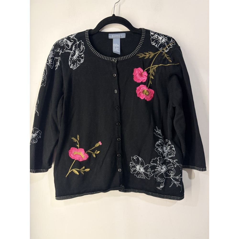 Vintage Koret Black‎ Floral Embroidered Button Cardigan Sweater Women's Large L